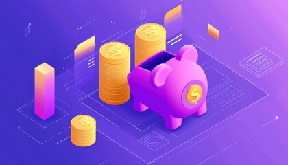 Aufkleber - Piggy Bank and Stacks of Gold Coins on Purple Background