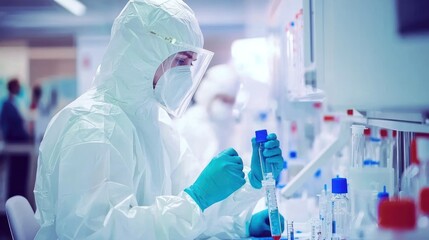 Poster - A scientist in a lab coat and protective gear examines a test tube with a blue liquid.