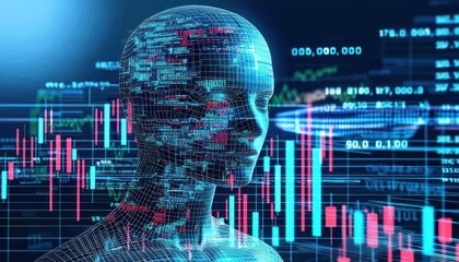 Aufkleber - A Wireframe Human Head Overlaid on a Stock Market Data Screen