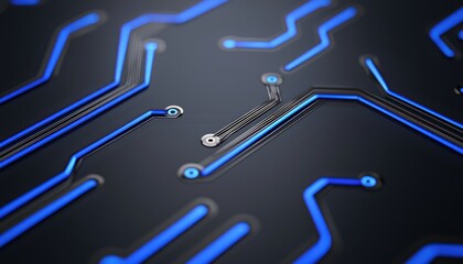 Poster - Close-up of a Circuit Board with Blue Illuminated Traces