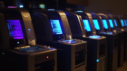 Aufkleber - Row of Modern Electronic Machines with Blue Lights and Screens