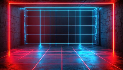 Sticker - Neon Grid Lights Illuminating a Concrete Room