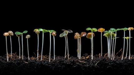 Poster - A Row of Green Seedlings Emerging from Soil Against a Black Background