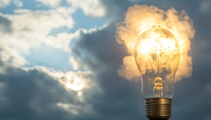Aufkleber - Illuminated Light Bulb Surrounded by Smoke Against a Cloudy Sky