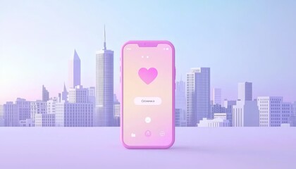 Poster - Pink Smartphone with Heart Icon in Front of City Skyline