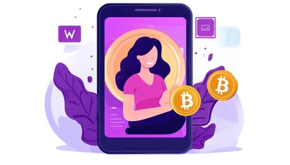 Poster - Woman Holding Bitcoin on Smartphone with Purple Background