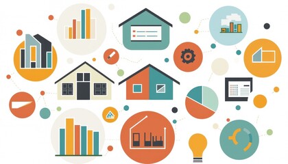 Aufkleber - Colorful Abstract Illustration of Interconnected Houses and Data Charts
