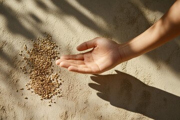 Aufkleber - Hand disperses seeds onto warm earth, preparing the soil for the upcoming growth season in a community garden. Generative AI