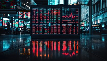 Poster - Stock Market Data Display with Red and Green Numbers and a Line Chart Reflecting in a Wet City Street