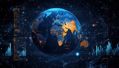 Fototapete - Digital Globe with Data Visualization and Graphs