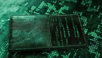 Aufkleber - Leather Wallet on Green Binary Code Background
