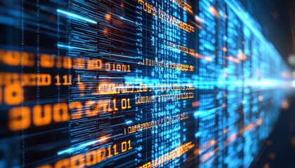 Poster - Abstract Digital Data Stream with Binary Code and Glowing Lines