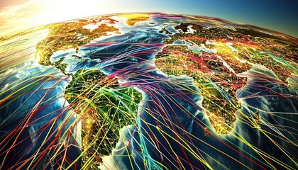 Poster - A World Map with Colorful Lines Connecting Continents