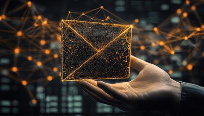 Poster - Digital Envelope Held in a Hand Against a Network Background