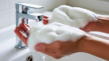 Washing hands with soap bathroom sink hygiene routine clean environment close-up view health awareness