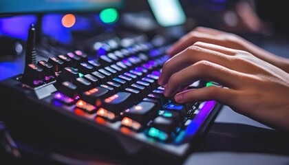 Aufkleber - Close-up of a Hand Typing on a Colorful Illuminated Gaming Keyboard