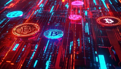 Poster - Bitcoin Coins on a Red and Blue Circuit Board