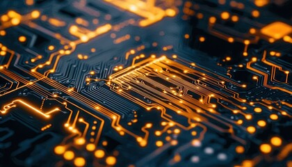 Aufkleber - Close-up of a Circuit Board with Glowing Orange Traces