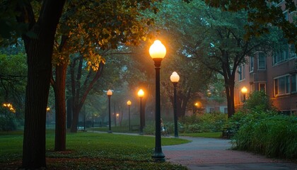 Poster - Foggy Evening Stroll Along a Brick Path with Streetlights