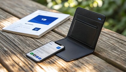 Poster - Black Leather Wallet, Smartphone, and Paper Booklet on a Wooden Surface
