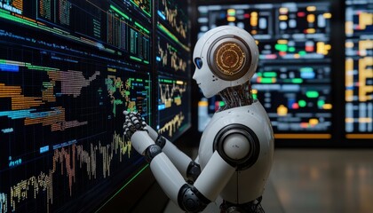 Poster - A humanoid robot analyzing data displayed on a large screen