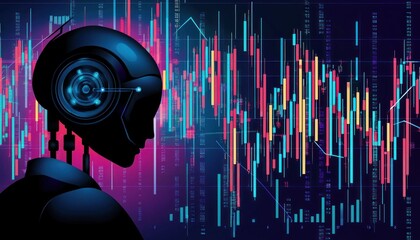 Poster - AI Robot Silhouette with Neon Stock Market Chart Background