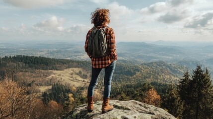 Poster - Woman with Backpack Standing on Mountaintop Overlooking Vast Forested Landscape