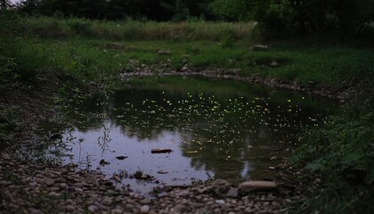 Poster - Fireflies Reflected in a Still Pond at Dusk