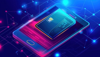 Poster - A Smartphone with a Credit Card Embedded in its Screen on a Blue Background with Glowing Lines