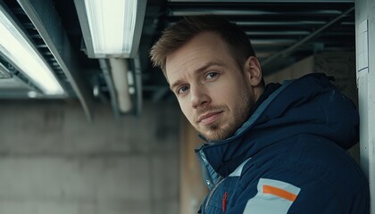 Poster - Close-up Portrait of a Young Man in a Blue Jacket