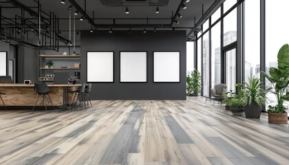 Aufkleber - Modern Office Interior with Wooden Floor and City View