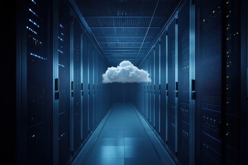 Poster - Data center corridor with cloud computing concept illuminated in blue light