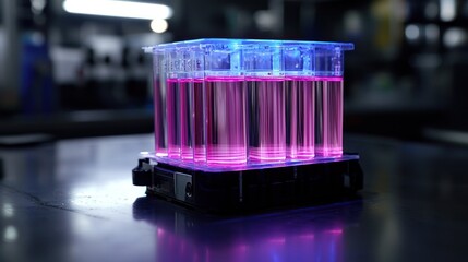 Aufkleber - A close-up of a device holding clear test tubes filled with a pink liquid