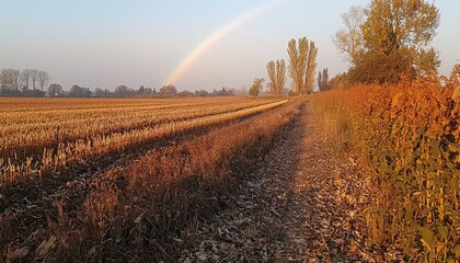 Poster - Rural Path Flanked by Harvested Field and Foliage with Rainbow in Sky