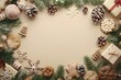 © Oleh - Christmas-themed border of gingerbread cookies, pine cones, gifts, ornaments, and fir branches creating a festive frame on a beige background with copy space