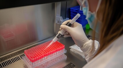 Poster - A Person in Protective Gear Using a Pipette to Transfer Liquid into Test Tubes