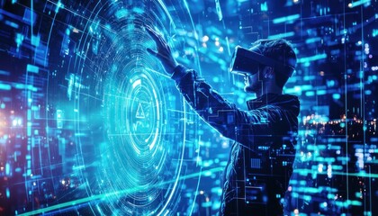 Poster - A Man Interacting with a Futuristic Digital Interface in a Virtual Reality Setting