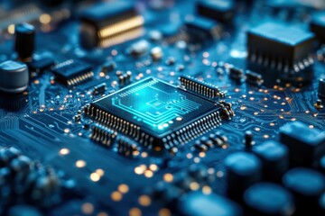Poster - Close-up view of a microprocessor on a circuit board with glowing connections