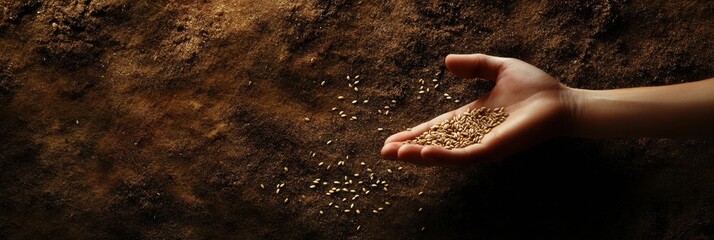 Poster - A hand releases small seeds into freshly tilled soil, preparing for a fruitful planting season to nourish the earth. Generative AI