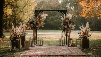 Poster - Rustic Wedding Arch Decorated with Pampas Grass and Flowers in a Forest Setting