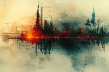 Poster - Abstract Digital Cityscape with Geometric Shapes and Glowing Lights