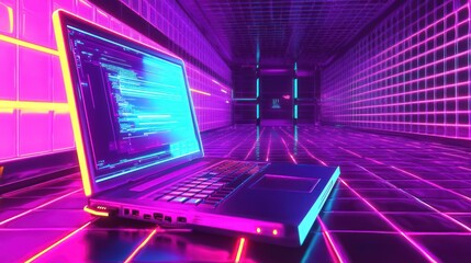 Aufkleber - Laptop in a Retro Futuristic Neon Corridor