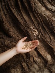 Aufkleber - A hand spreads seeds evenly over the dark, rich soil, preparing for new plant growth during the gardening season in springtime. Generative AI