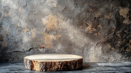 Poster - Wooden Slab Platform Against a Textured Gray Wall
