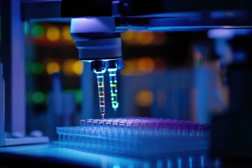 Poster - Laboratory equipment conducting experiments with colorful liquids in test tubes during research
