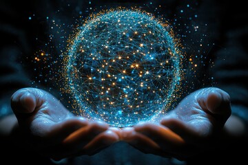 Poster - Hands Holding a Glowing Network Sphere