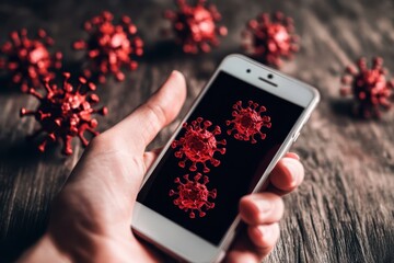 Poster - Hand holding smartphone displaying animated virus particles on screen