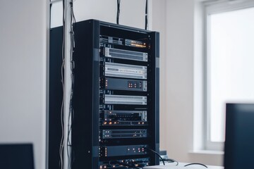 Poster - Modern data center rack with multiple servers and active network connections