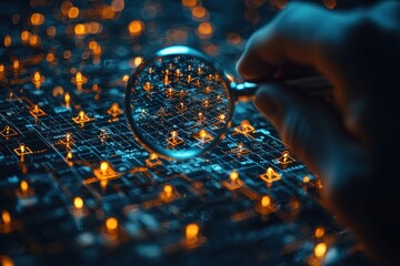 Aufkleber - Magnifying Glass Exploring a Circuit Board with Glowing Nodes