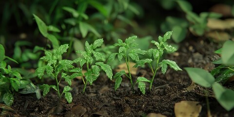 Leinwandbilder - A Row of Young Green Plants Emerging from the Soil